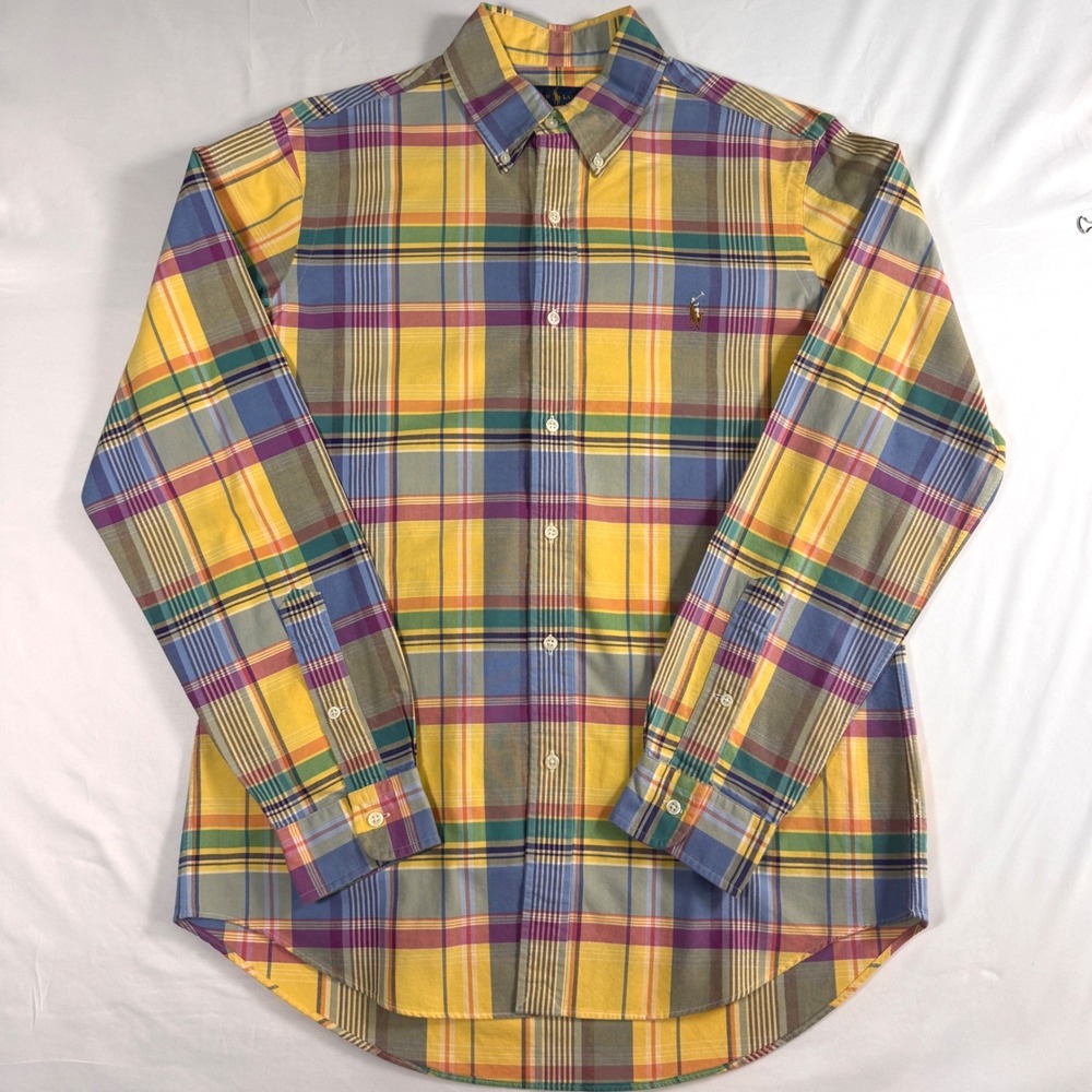 Ralph Lauren Plaid Oxford Button Down Shirt Men M Yellow Multi Color Long Sleeve - Picture 4 of 7